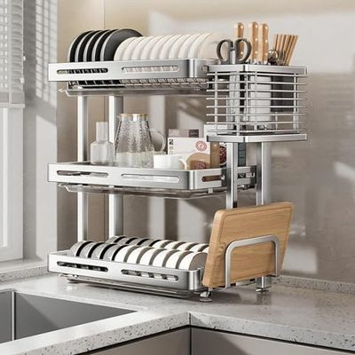 3-Tier Stainless Steel Dish Drying Rack with Drainboard & Cutting Board Holder, Space-Saving Kitchen Organizer for Plates, Cups & Utensils - Durable & Stylish