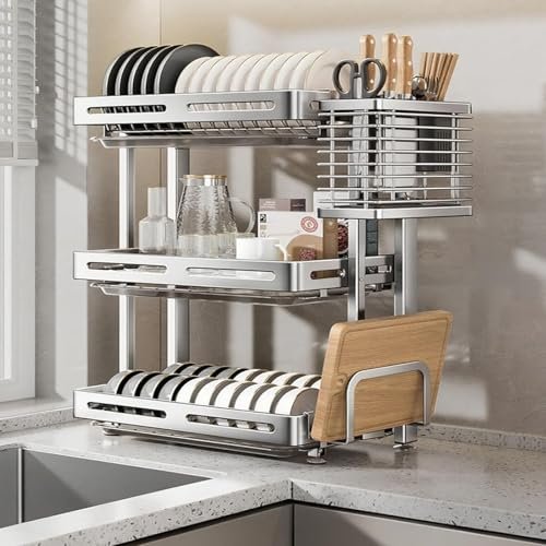 3-Tier Stainless Steel Dish Drying Rack with Drainboard & Cutting Board Holder, Space-Saving Kitchen Organizer for Plates, Cups & Utensils - Durable & Stylish