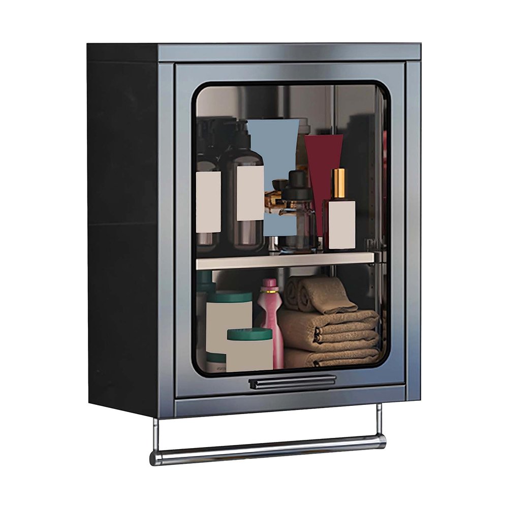 Stainless Steel Wall Cabinet with Flip-up Tempered Glass Door Bathroom Storage Cabinets Wall-Mounted Storage Rack for Homes, Apartments, Rental Properties, Dormitories(Black,40 * 18 * 50cm)