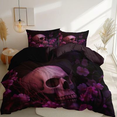 Dark 3 Piece Duvet Cover Set, 1 Printed Zipper Closure Duvet Cover with 2 Pillow Shams, Ultra Soft Brushed Microfiber Queen with Fantasy Flowers Skull