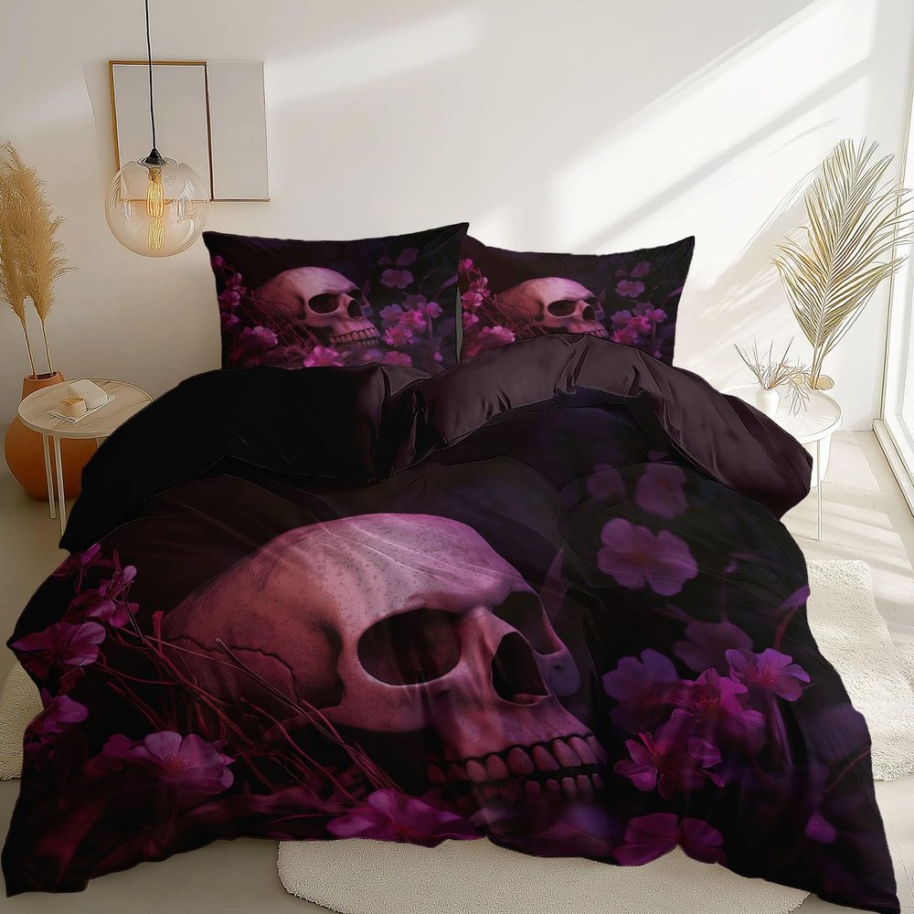Dark 3 Piece Duvet Cover Set, 1 Printed Zipper Closure Duvet Cover with 2 Pillow Shams, Ultra Soft Brushed Microfiber Queen with Fantasy Flowers Skull