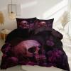 Dark 3 Piece Duvet Cover Set, 1 Printed Zipper Closure Duvet Cover with 2 Pillow Shams, Ultra Soft Brushed Microfiber Queen with Fantasy Flowers Skull view 1