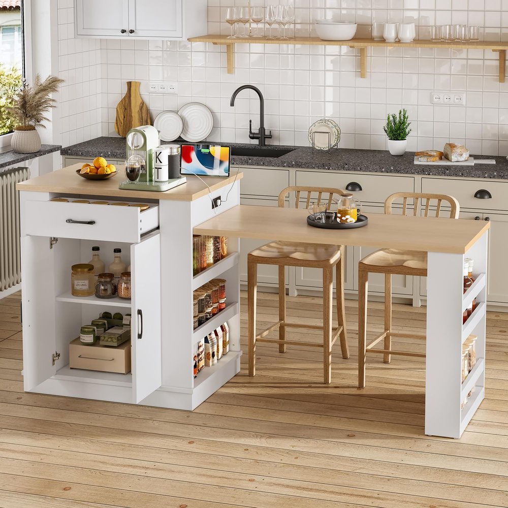 FIVESHOW Extendable Kitchen Island Cart with Drawers & Cabinet, Mobile Prep Table with Storage for Small Kitchen, Breakfast Bar and Dining Table for Home Cooks (White)