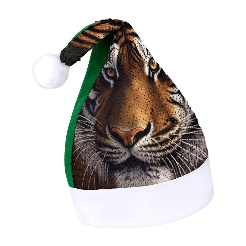 BWQMNT Christmas Hat Bengal Tiger Xmas Hat White Plush Santa Hats for Adults for New Year Party