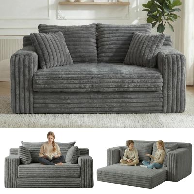 3-in-1 Convertible Sofa Bed: Boneless Loveseat Sleeper & Folding Couch Bed with 4 Pillows & Detachable Cushion, Furry Futon Couch for Bedroom, Apartment, Office and Living Room, No Assembly, Grey