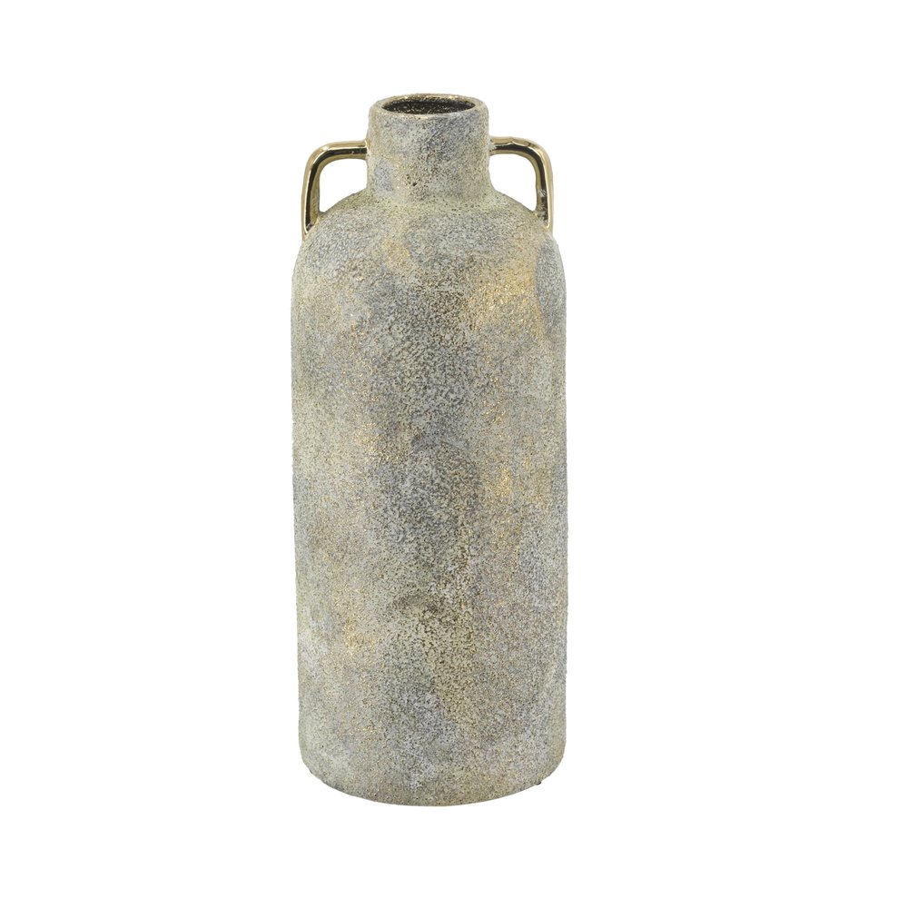 A&B Home Textured Gray Ceramic Vase with Gold Handles, Transitional Accent Vase for Tabletop Mantel Sideboard or Centerpiece Display, 6.3" x 6.3" x 16"