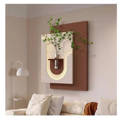 3D Sandstone Wall Art with Warm LED Lights, Vintage Sculptures Decorative Panel with Vase and Artificial Plant, for Entryway, Living Room & Bedroom(Brown,76x95cm)