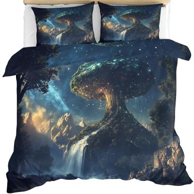 GKPLY Fantasy Comforter Cover, Mushrooms Duvet Cover Set, Mysterious Blue Bedding & Home Decor, Zipper & Ties, Reversible Print Comforter Set & 2 Pillow Cases, California King