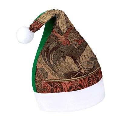 BWQMNT Christmas Hat Old Rooster Illustration Xmas Hat White Plush Santa Hats for Adults for New Year Party