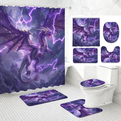 4 Piece Dragon Shower Curtain Set with Non-Slip Rugs, Toilet Lid Cover, Bath Mat Purple Lightning Storm Dragon Fantasy Bathroom Decor with 12 Hooks, 72 x 72 Inch