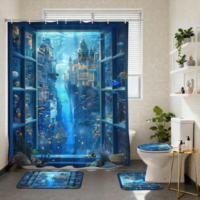 4 Piece Underwater Shower Curtain Set with Non-Slip Rugs, Toilet Lid Cover, Bath Mat Fantasy Ocean City Coral Reef Window View Bathroom Decor with 12 Hooks, 72 x 72 Inch