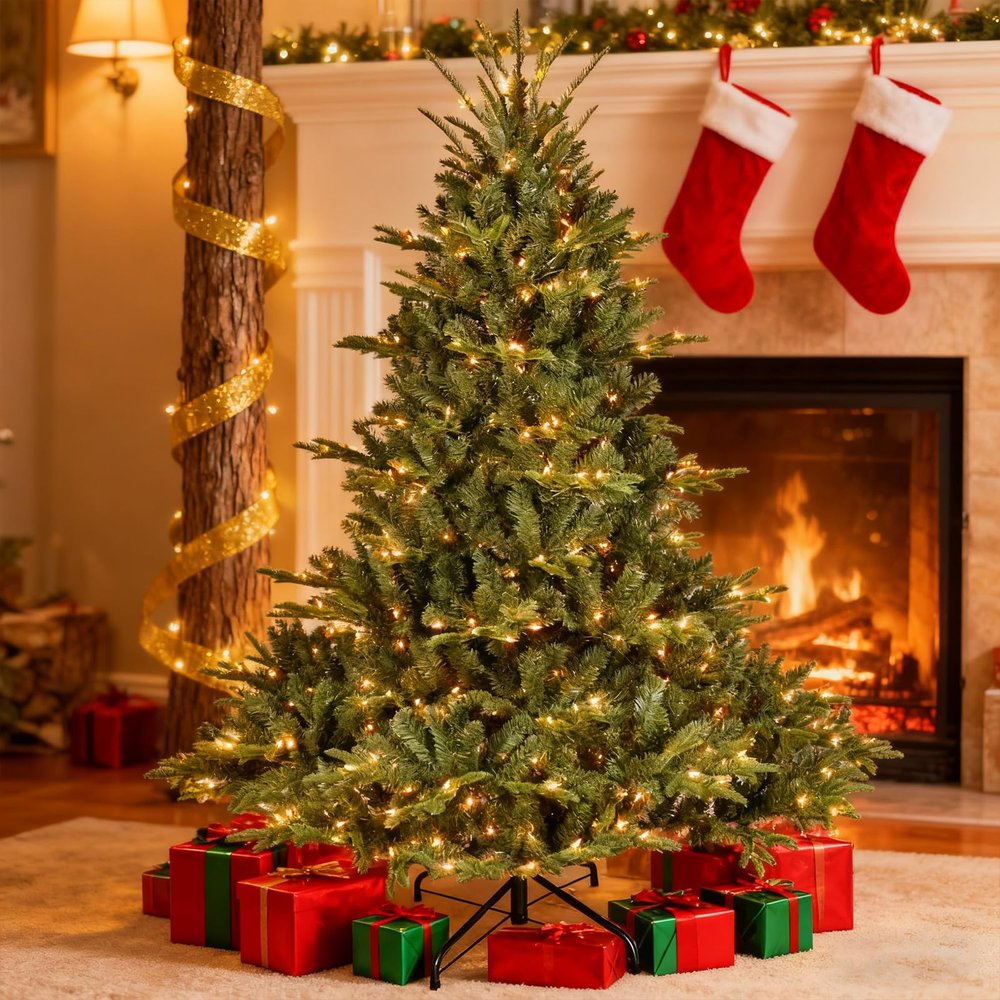 LAMPHOME 4FT Pre-Lit PE/PVC Tree - 150 UL Lights, 673 Tips, 3-Part Hinged, Metal Stand for Holiday Decor
