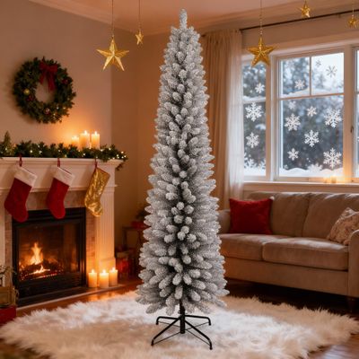 LAMPHOME 7FT Flocked PVC Pencil Tree - 469 Slim Tips, Wrap Design, Metal Stand for Small-Space Xmas