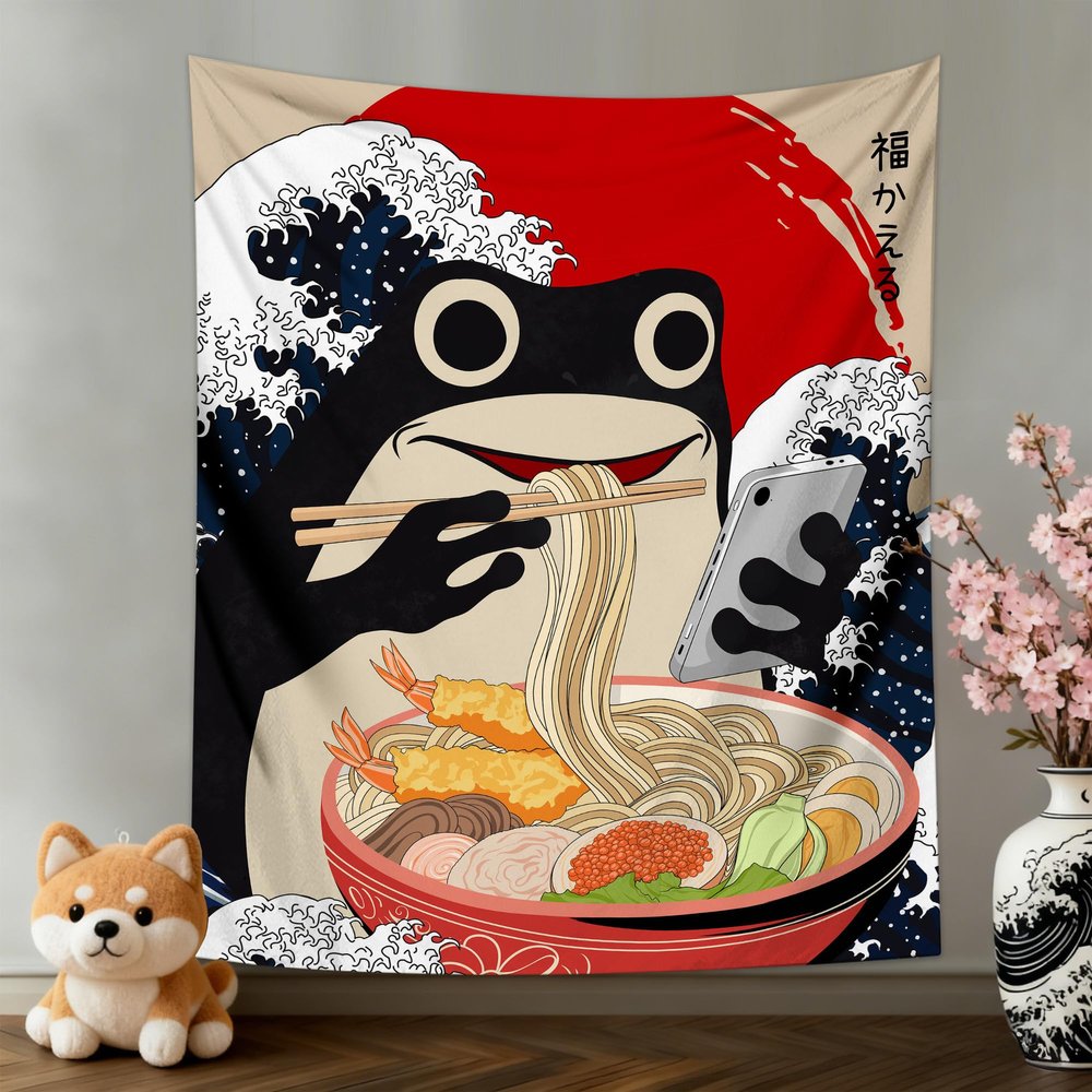 puuiui Funny Frog Tapestry Anime Cool Japanese Tapestry Wall Hanging Japan Wave Large Wall Mural for Bedroom Living Room Office Decor, 59.1 x 59.1 Inch
