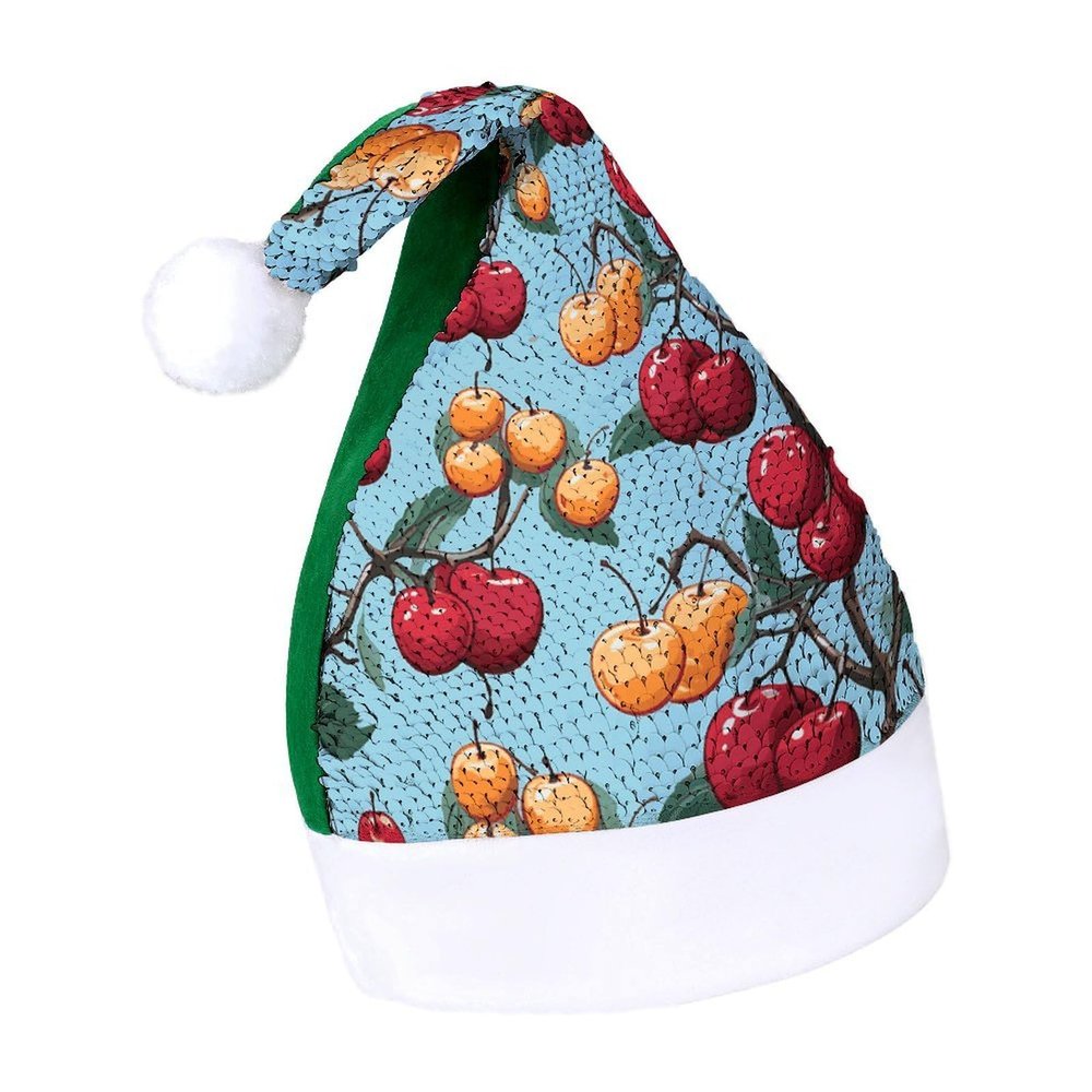 FekiLoot Cherry Pattern Christmas Hats Adults Flip Sequin Xmas Hat Glittery Santa Claus Hat for New Year Party Headwear
