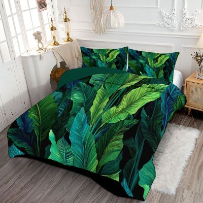 ANALTIRCE Coverless Quilt Set with 2 Pillowcases, 7.5 Tog 80" x 90" Size Reversible Duvet All Seasons with Tropical Plants Pattern, Lightweight and Warm Green 3 Comforter Full
