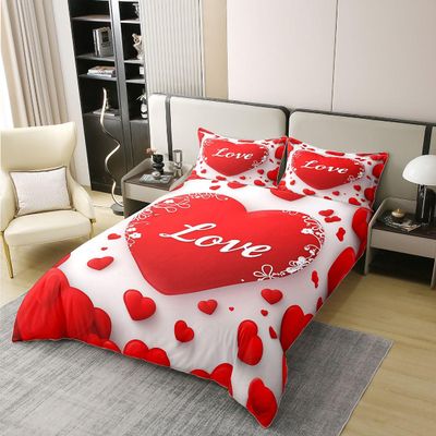 Manfei Happy Valentine's Day Kids Duvet Cover Set Queen Size 100% Cotton,Romantic Love Heart Flowers Room Decor,Modern Fashion Chic Quilt Cover,White Red,2 Pillowcases(No Filler)