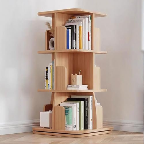 5-Tier Rotating Bookshelf, 360 Stackable Pine Wood Bookcase, Space-Saving Solid Wood Storage Rack, Multi-Functional Floor Standing Display for Small Spaces