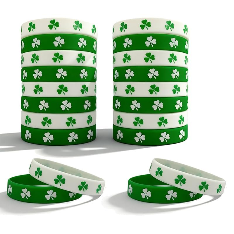 FGSS St. Patrick's Day Shamrock Wristbands Classic Green Irish Rubber Bracelets Party Favors Supplies Gifts Decor 20 Pcs