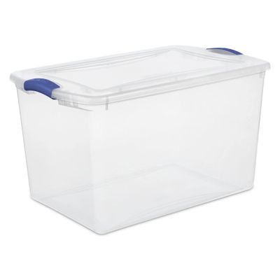 66 Quart Clear Plastic Storage Container with Blue Latch Lid, Large Storage Bin