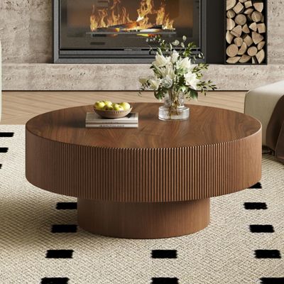 MTFY 31.5 Inch Round Drum Coffee Table, Modern Handcraft Fluted Drum Coffee Table, Wooden Round Coffee Table Center Table Cocktail Table with Stable Pedestal for Living Room Apartment (Walnut)