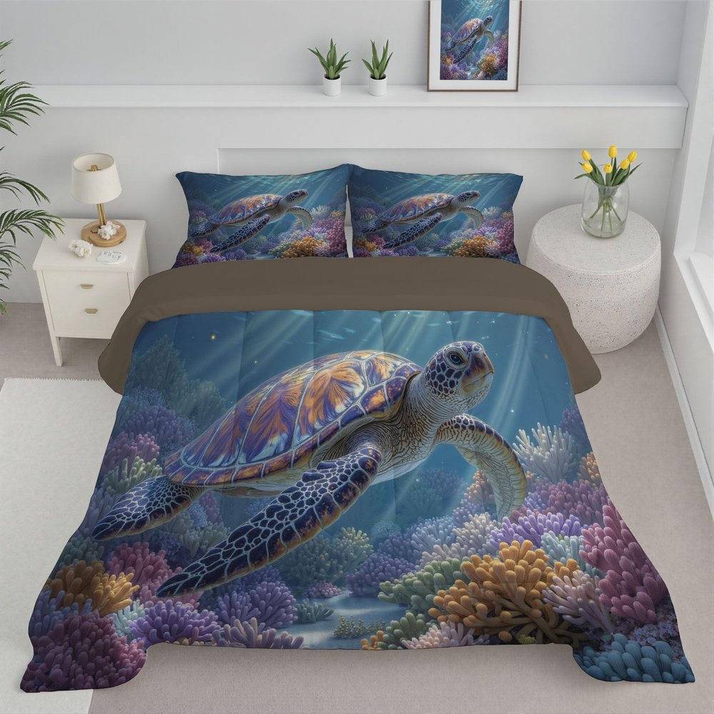 ANALTIRCE Coverless Quilt Set with 2 Pillowcases, 7.5 Tog 90" x 90" Size Reversible Duvet All Seasons with Underwater World Pattern, Lightweight and Warm Blue 3 Comforter Queen