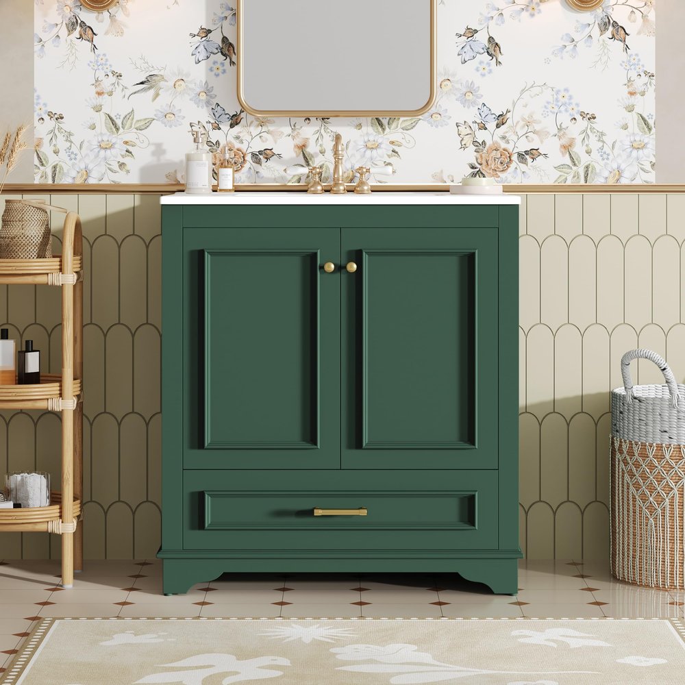 Merax 30 Inch Luxurious Bathroom Vanity with Ceramic Sink, Modern Storage Cabinet with 2 Large Soft Closing Doors, Solid Wood Frame, Green