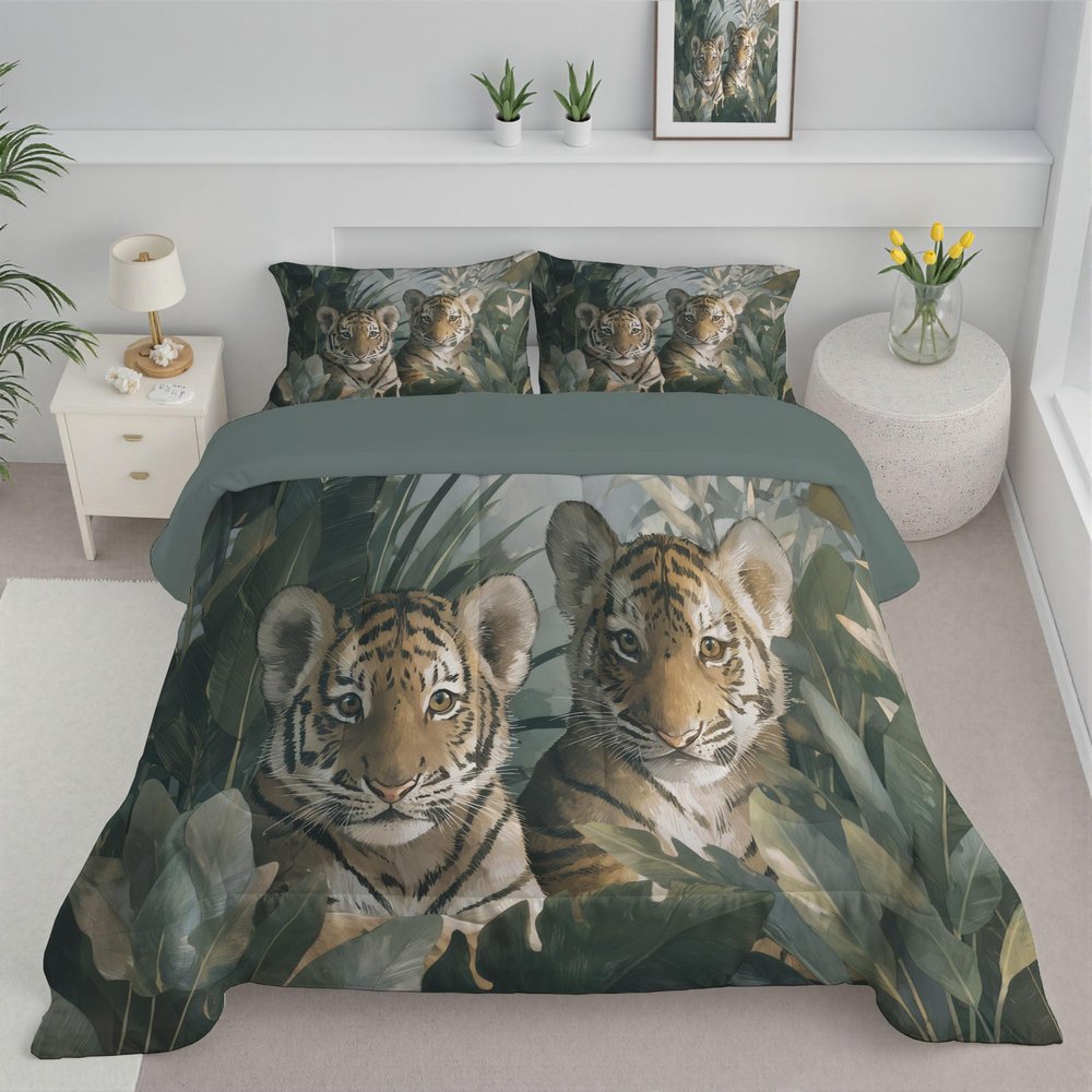 ANALTIRCE Sage Green 68" x 86" Duvet, Reversible Coverless Children Boys Girls 2 Duvet, Twin Washable Quilt 7.5 Tog for All Seasons, Abstract Banana Leaf Comforter with 1 Pillowcases