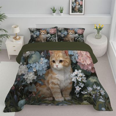 ANALTIRCE Kids 90" x 90" Coverless Duvet for All Seasons, Reversible Washable 3 Quilt with Watercolor Hydrangea Patterns, Grass Green Comforter with 2 Pillowcases 50x75cm, Queen