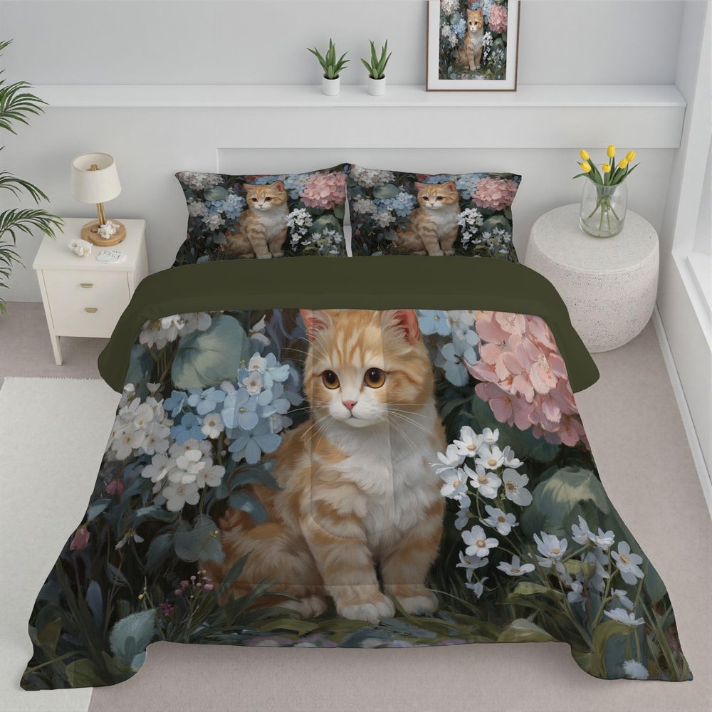 ANALTIRCE Kids 90" x 90" Coverless Duvet for All Seasons, Reversible Washable 3 Quilt with Watercolor Hydrangea Patterns, Grass Green Comforter with 2 Pillowcases 50x75cm, Queen