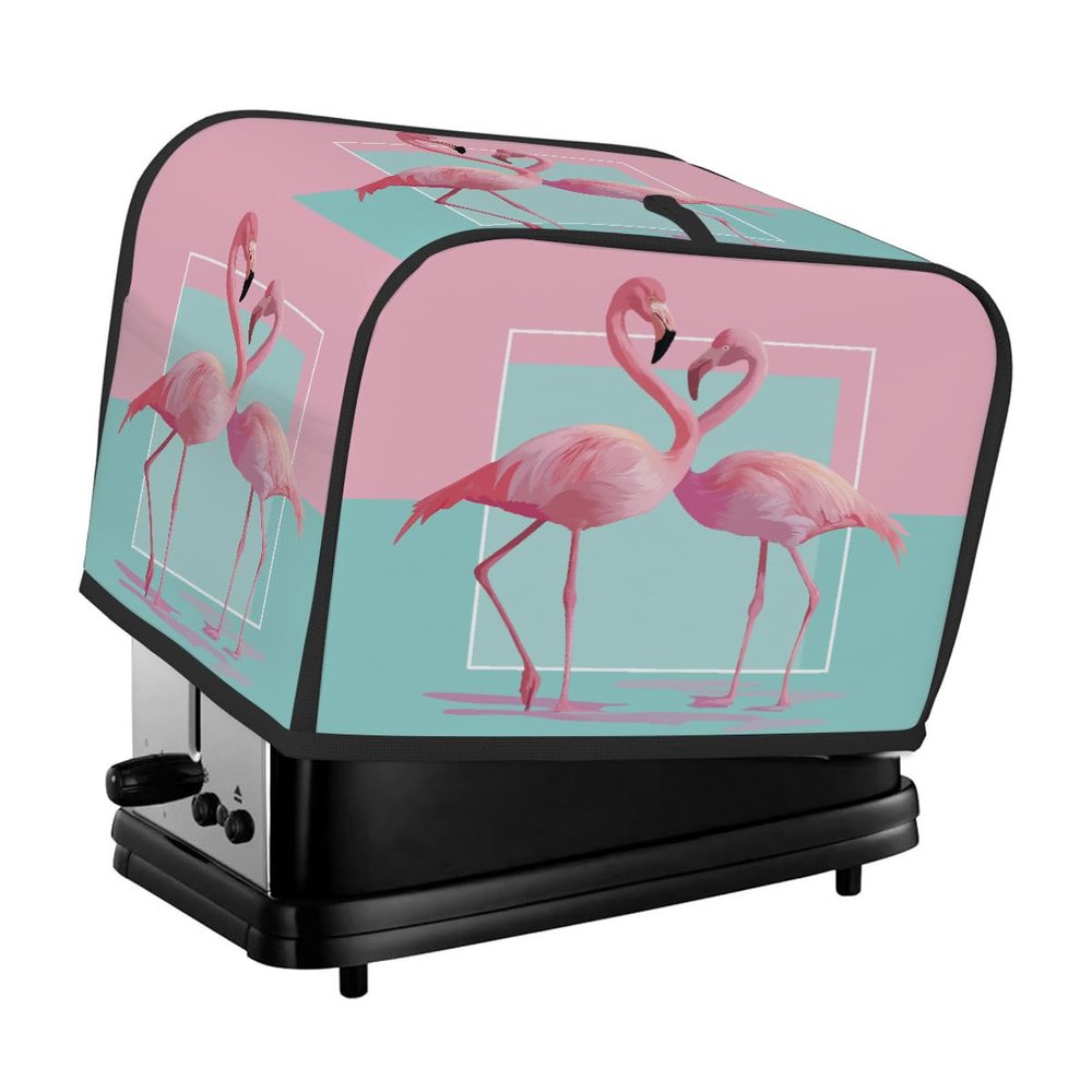 4 Slice Tropical Toaster Cover,Summer Pink Flamingos On Turquoise Small Kitchen Appliance Bread Machine Cover with Pockets,Dust & Fingerprint Protection