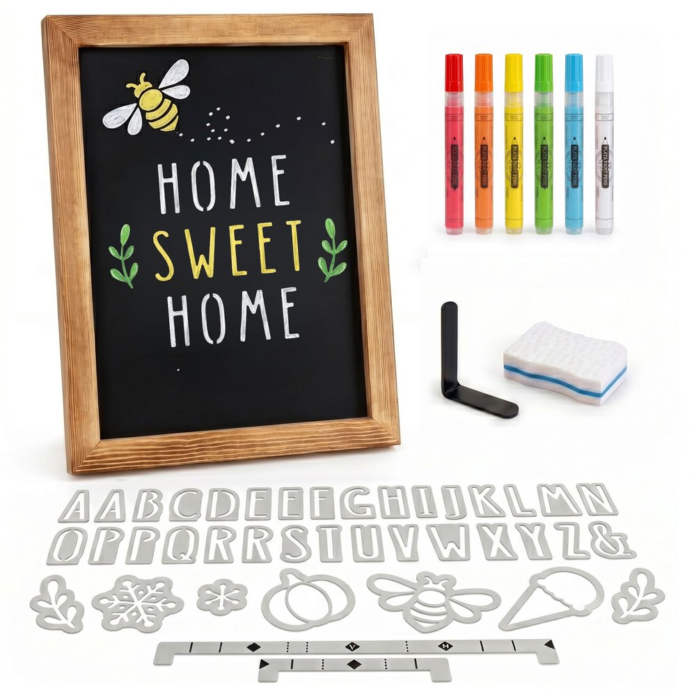 Magnetic Chalkboard Sign Kit - 12x17 Framed Hanging or Tabletop Chalk Board with Easel Stand, Acrylic Markers, Design & Letter Stencils for Chalkboard Art, Kitchen Countertop Menu (Rustic Wood)