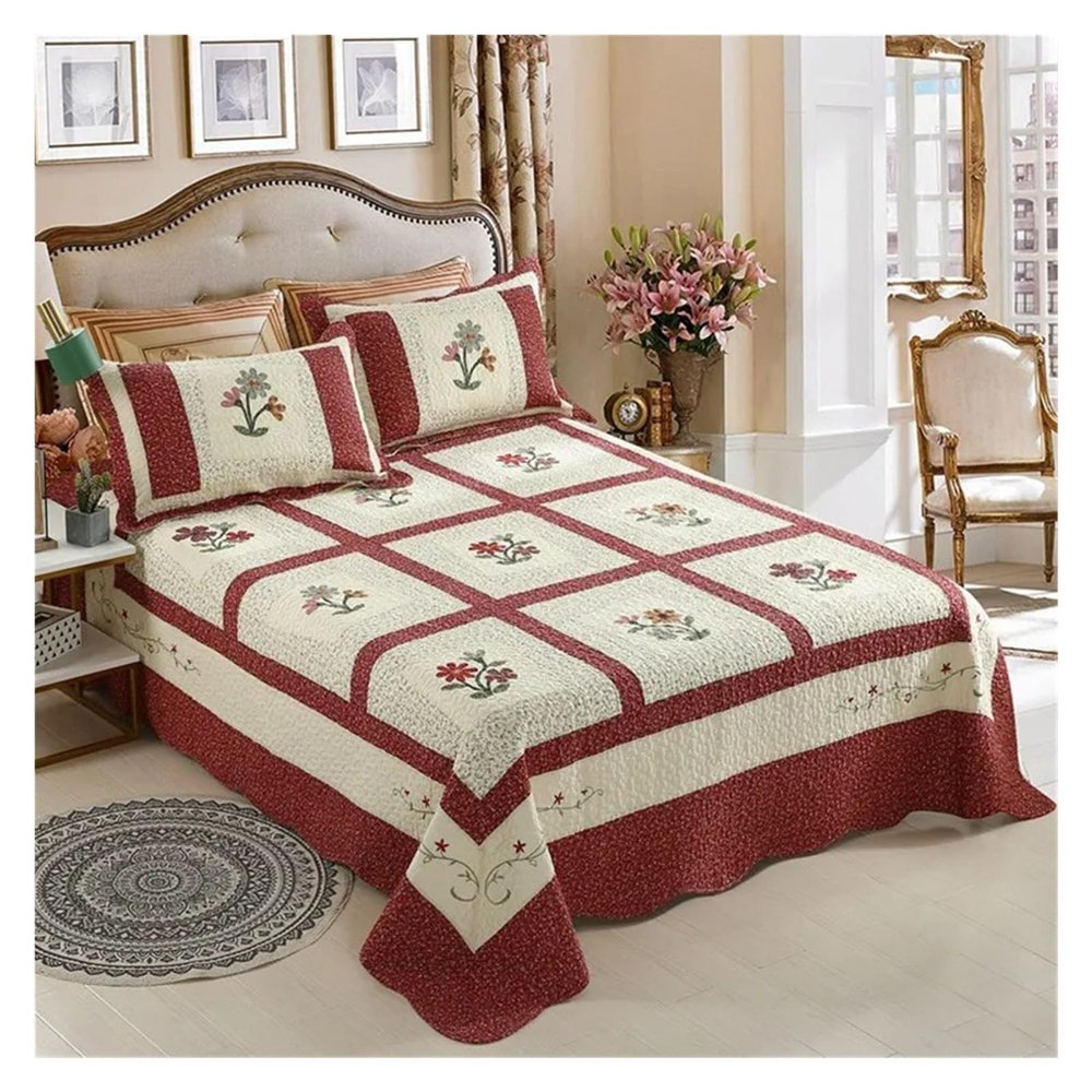 QDKVTNDJZ Floral Cotton 3/4pcs Patchwork Bedspread on The Bed Linen Quilted Duvet Cover Blanket Coverlet Plaid Padded, Sheets(Red,3pcs Set)