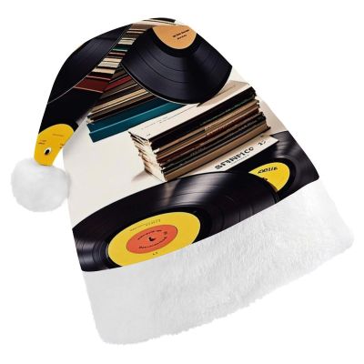 FekiLoot Vinyl Records And Tapes Santa Hat Unisex Adult Warm Santa Hats Classic Interesting Comfort Christmas Cap with Plush Brim And Liner for Christmas New Year Holiday Party Supplies