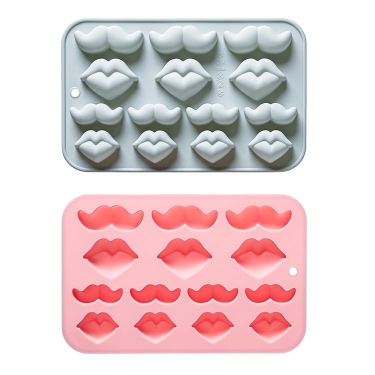 Silicone Lips and Moustache Mould Set, Pink and Grey, 2-Pack Food Grade Baking Moulds for Chocolate, Ice, Candy Making