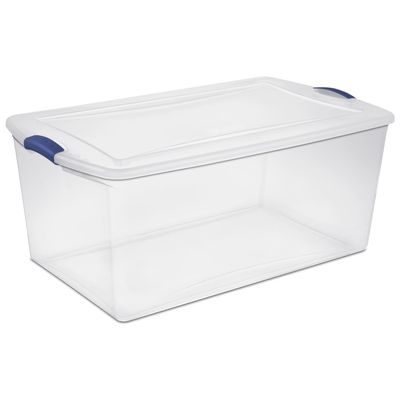 105 Quart Latch Box, Clear Plastic Storage Bin with Clear Lid, Blue Latch