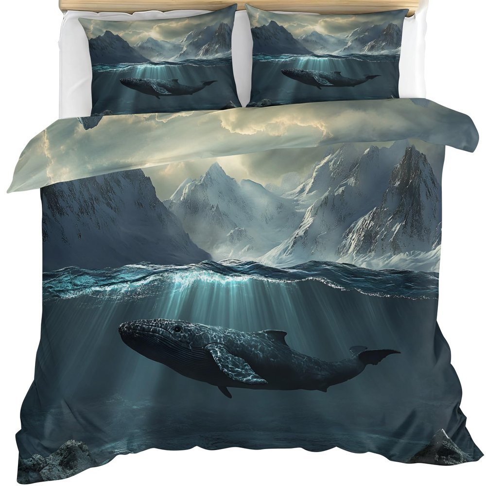GKPLY Fantasy Bedding Set, Mysterious Ocean Comforter Set Twin, Whale Duvet Cover & Home Decor, Zipper Closure, Reversible Print, Soft Microfiber Comforter Cover & 2 Pillowcases