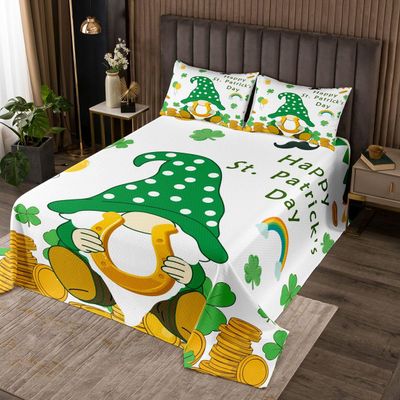 Manfei Cute Gnome Kids Bedspread Twin Size,St. Patrick's Day Lucky Coverlet Set,Girls Boys Room Decor, Quilted Coverlet,Yellow Green Bedding Quilt,1 Pillowcase