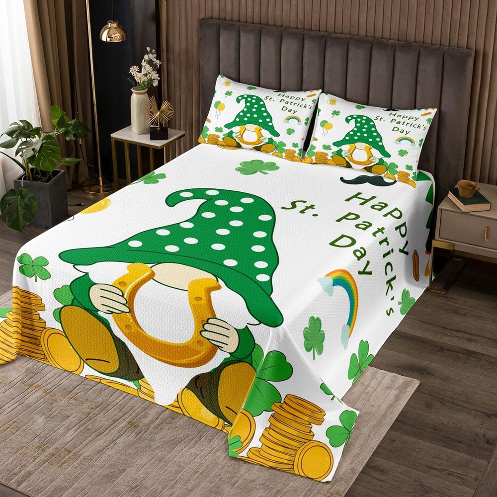 Manfei Cute Gnome Kids Bedspread Twin Size,St. Patrick's Day Lucky Coverlet Set,Girls Boys Room Decor, Quilted Coverlet,Yellow Green Bedding Quilt,1 Pillowcase