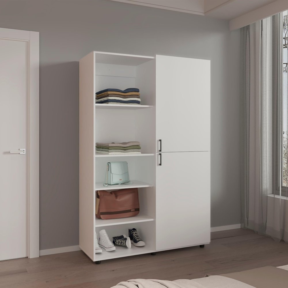 DEPOT E-SHOP Brewster Wardrobe, 2 Doors, 6 Legs, 7 Shelves, White - Wardrobe