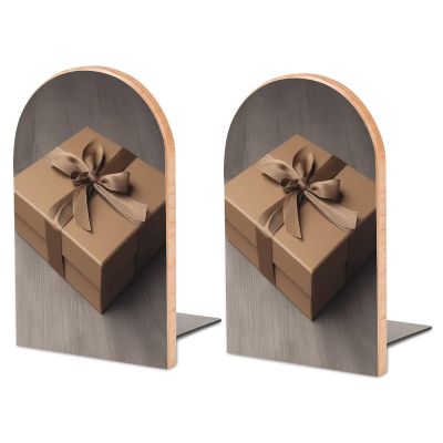 Heavy Duty Bookend Non-Slip Brown Gift Box Book Stopper Wooden Bookends with Metal Base Book Ends Decorative Books Holderd for Bookshelf Office Supplies