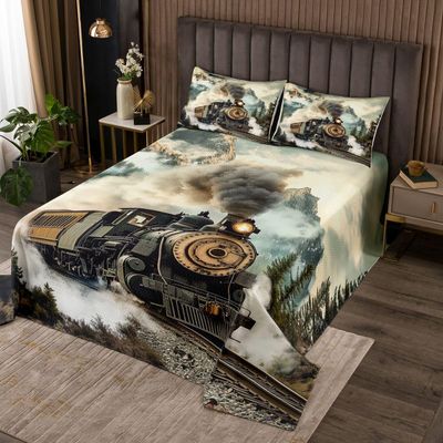 Manfei Steam Train Kids Bedspread Queen Size,Locomotive Choochoo Vehicle Vinatge Coverlet Set,Girls Boys Room Decor,Pine Mountain Country Nature Quilted Coverlet,Green Bedding Quilt,2 Pillowcases
