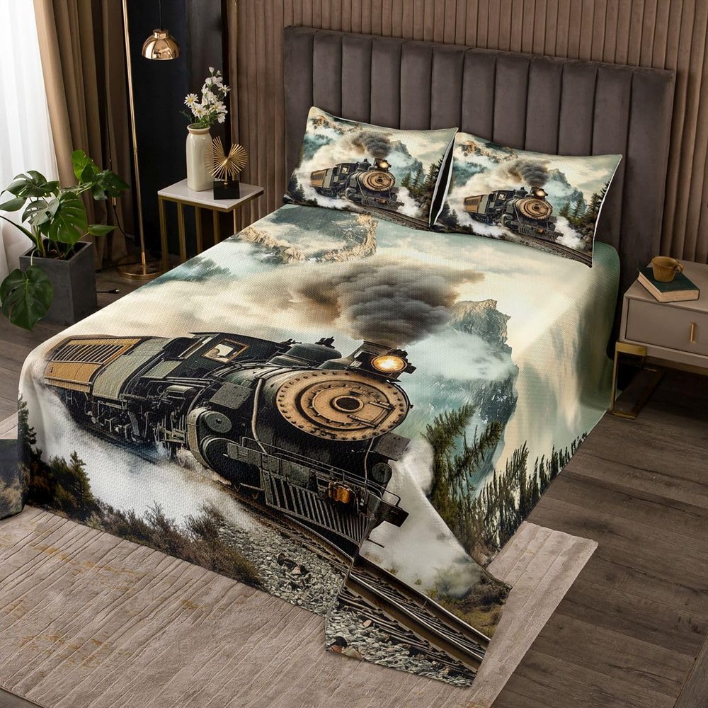 Manfei Steam Train Kids Bedspread Queen Size,Locomotive Choochoo Vehicle Vinatge Coverlet Set,Girls Boys Room Decor,Pine Mountain Country Nature Quilted Coverlet,Green Bedding Quilt,2 Pillowcases