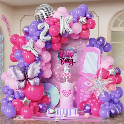 143pcs Y2K 2000s Party Balloon Arch Kit - Kpop Party Decorations with Y2K Butterfly Disco Rose Red Purple Soft Pink Balloons for 2000s Pink Birthday & Bachelorette Party Supplies
