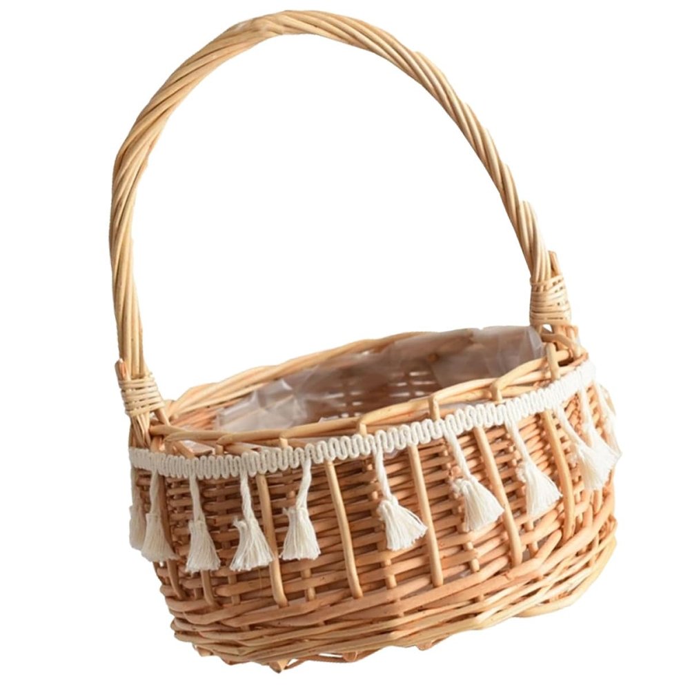 OSALADI Rustic Rattan Flower Girl Basket with Tassel Handwoven Storage for Wedding Petals and Small Flowers Versatile Decorative Basket for Home and Party Use