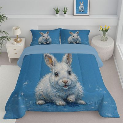 ANALTIRCE Kids 104" x 90" Coverless Duvet for All Seasons, Reversible Washable 3 Quilt with Hand-Drawn Animals Patterns, Blue Comforter with 2 Pillowcases 50x75cm, King