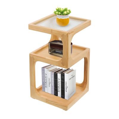 3-Tier End Table with Glass Shelves, Solid Wood Side Table with Wave Pattern Glass, Modern End Table, Compact Nightstand for Living Room, Office, Bedroom, and Study Room (Log Color)