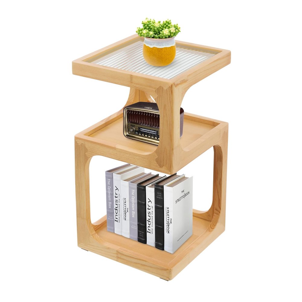 3-Tier End Table with Glass Shelves, Solid Wood Side Table with Wave Pattern Glass, Modern End Table, Compact Nightstand for Living Room, Office, Bedroom, and Study Room (Log Color)
