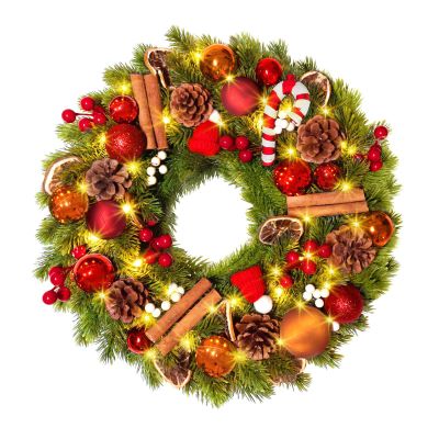 19 Inch Christmas Wreath, Xmas Door Wreath Decorations, Artificial Christmas Wreath with Pine Cones Dried Lemon Pieces for Door & Window & Fireplace