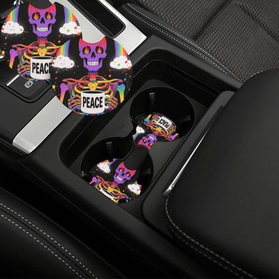 2 Pack Car Cup Holder Coasters 2.7 Inch Non-Slip Insert Water Bottle Holder Pad Rainbow Skeleton Drink Coaster Shockproof Car Coaster Cute Auto Accessories Gift for Women & Men